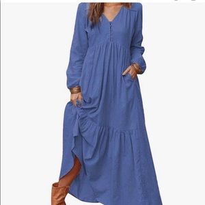 SAid Color Cotton Gunny Cloth V Nape Long
Sleeves Woman Maxi Dress